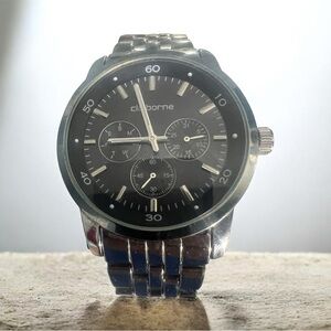 (175) Claiborne Mens Silver-Tone Watch with Black Dial Quartz CLM 1002